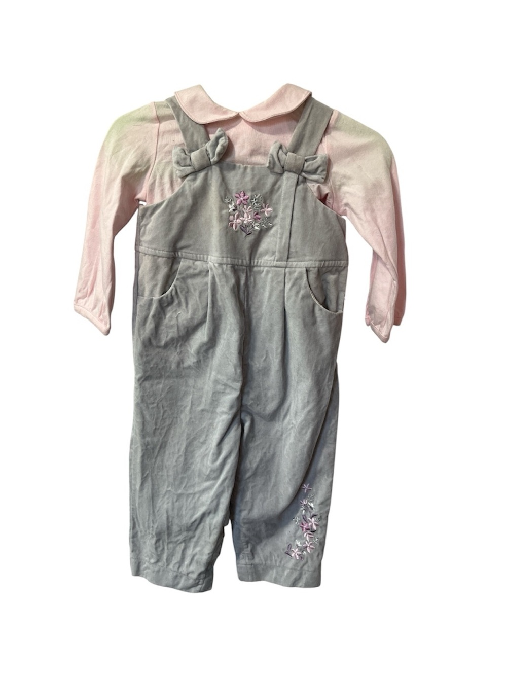 First Impressions 2 piece set Pink Top with Gray Embroidered Overalls size 18M